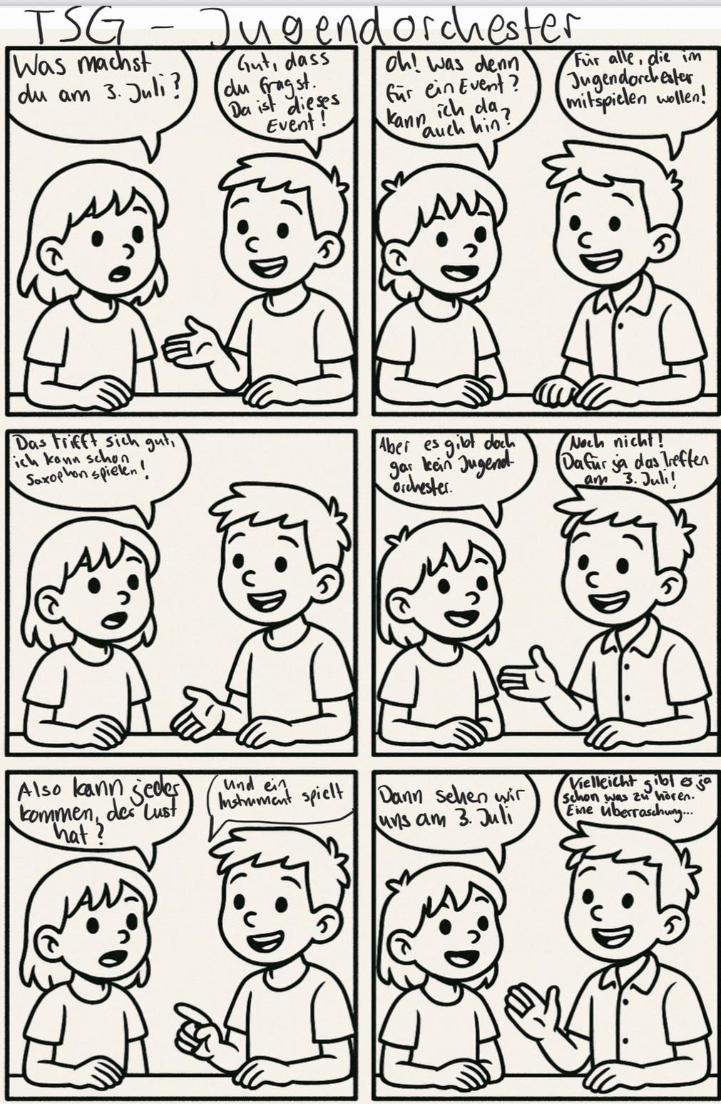 Jugendorchster 2 Comic: Was machst du am 3. Juli? Auf zum Vortreffen in der Alten Schule